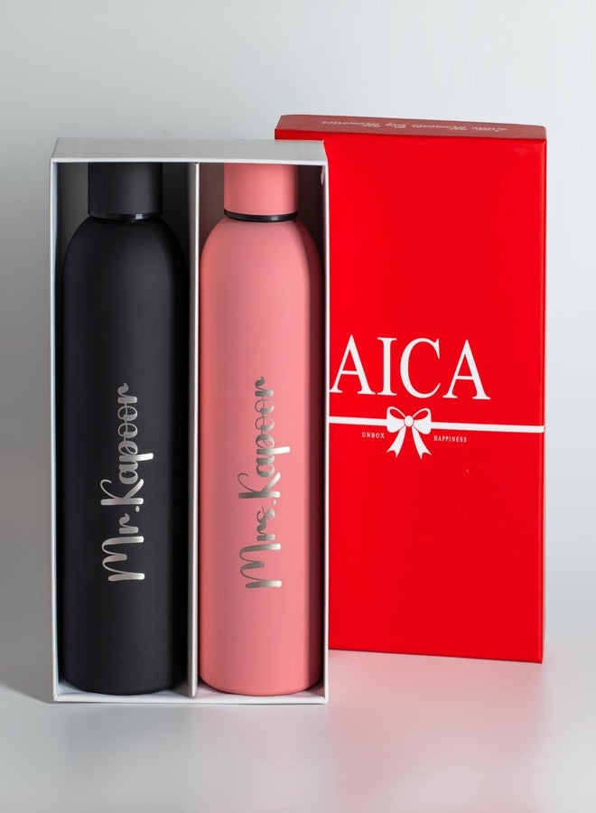 Aica Personalized Couple Stainless Steel Combo Water Bottles Set - 500ml Hot & Cold | Customized Ideal Birthday Anniversary Travel Gifts for Men Women Girls Boys | Perfect Gym Office College Daily Use - Image 1